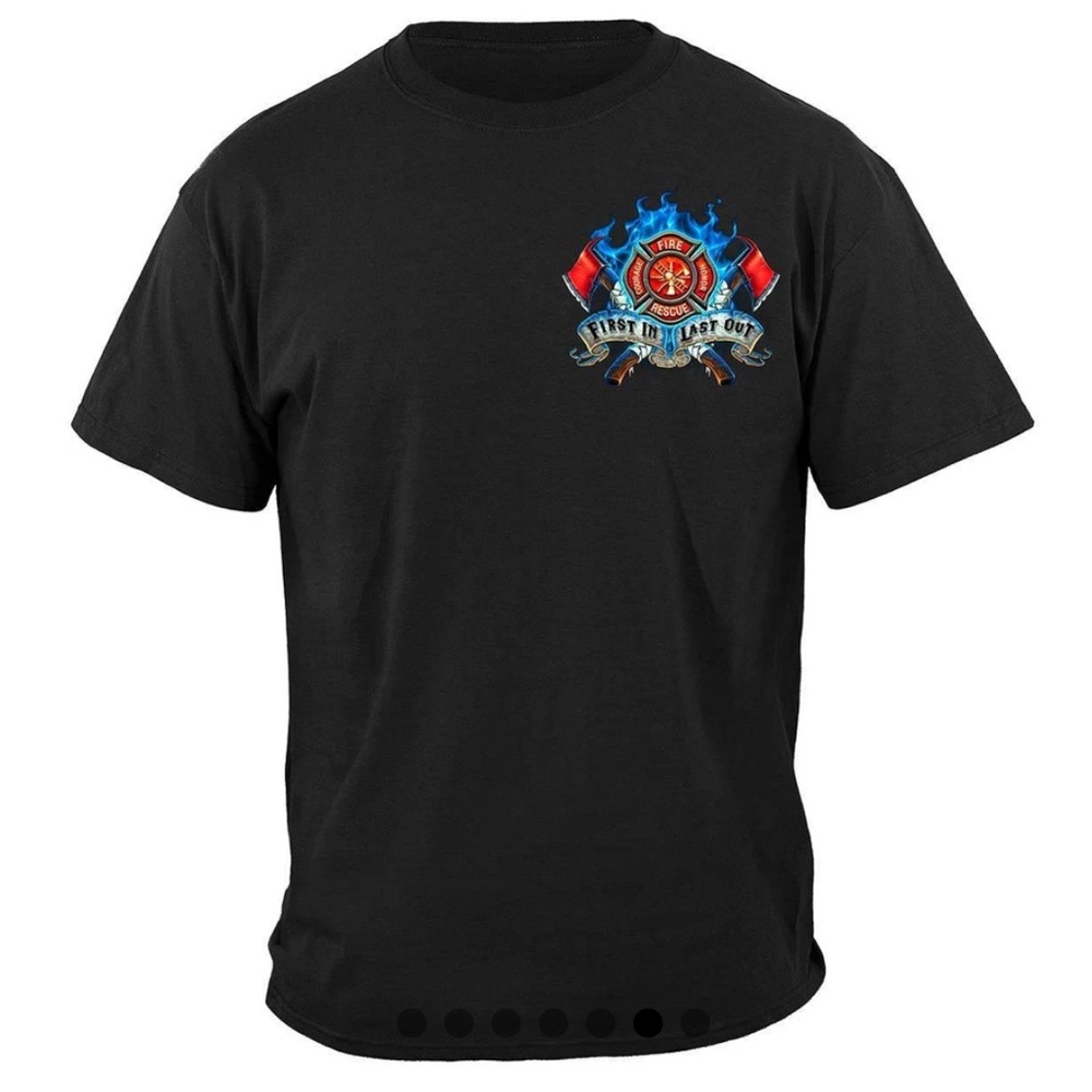 Fire Dog First In Last Out Firefighter T-Shirt Black Short Sleeve Bulldog Top